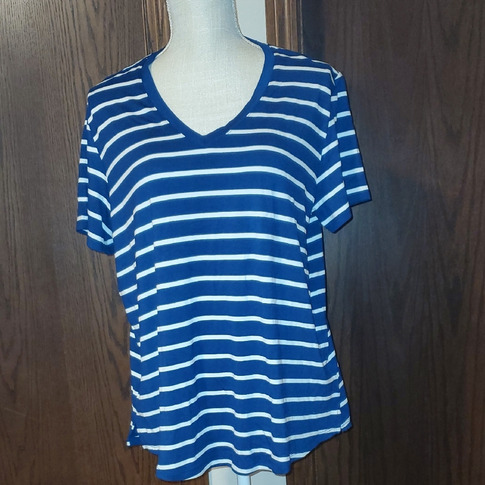 GAP Womens Navy Blue With White Stripe V-Neck Tee Size Large